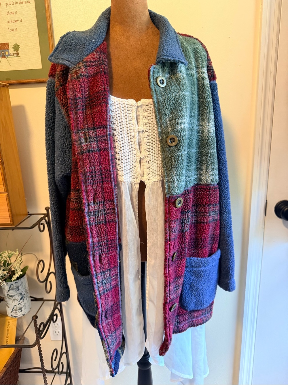 Vintage Koret City Blues Patchwork Fleece Button Up Jacket | Colorblock L/XL - Picture 7 of 11